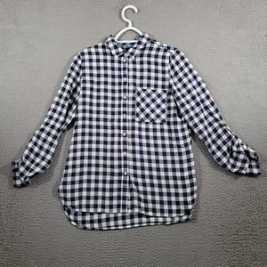 Fleur Bleue Shirt Womens Medium Blue White Checkered Casual‎ Button Up Top